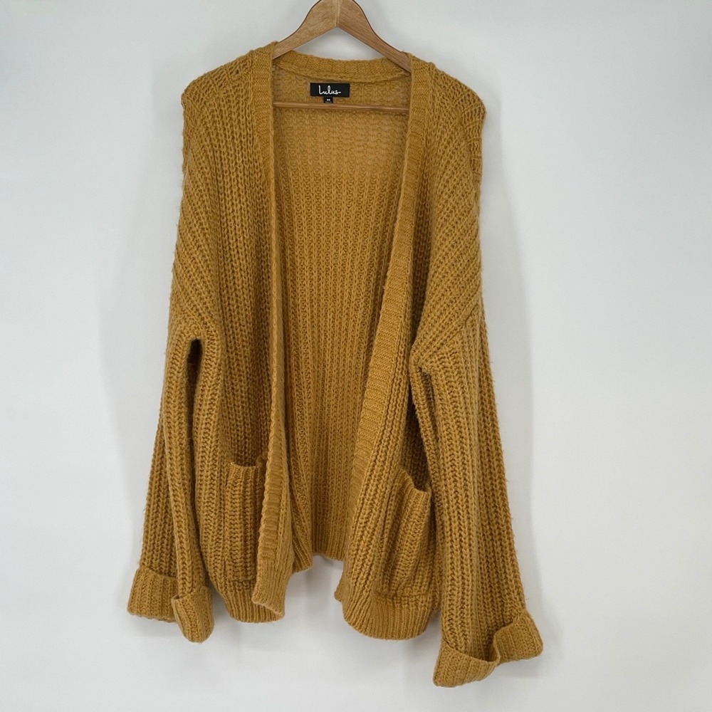 Lulus Oversized Slouchy Knit Cardigan Sweater‎ Mustard Yellow Pockets M Boxy